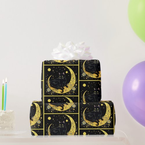 Black Cat Crescent Moon Floral Gold Halloween Wrapping Paper