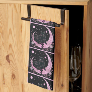 Black Cat Crescent Moon Floral Pink Halloween Kitchen Towel