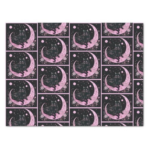 Black Cat Crescent Moon Floral Pink Halloween Tissue Paper