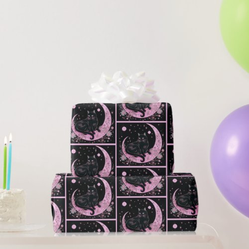 Black Cat Crescent Moon Floral Pink Halloween Wrapping Paper
