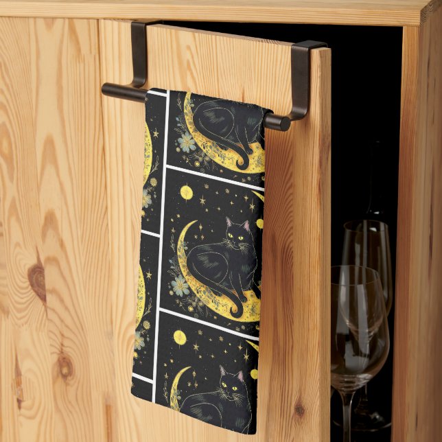Black Cat Crescent Moon Floral White Halloween Kitchen Towel (Thirds Fold)