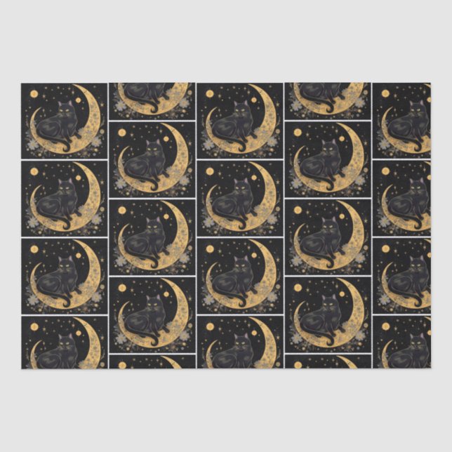 Black Cat Crescent Moon Floral White Halloween Tissue Paper (Front)