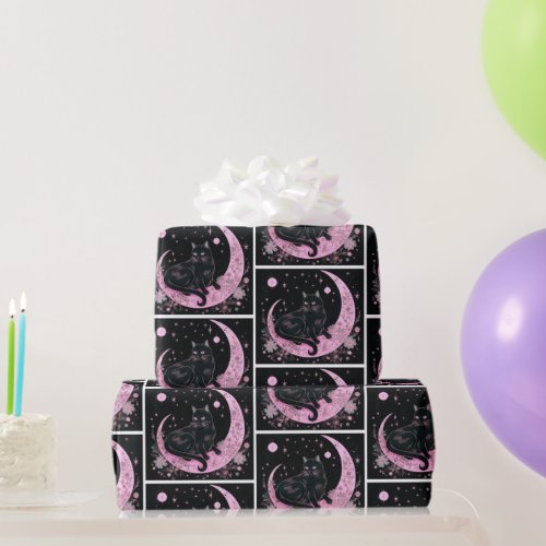 Black Cat Crescent Moon Floral White Halloween Wrapping Paper