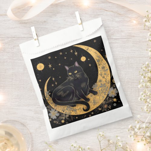 Black Cat Crescent Moon Flowers Happy Halloween Favor Bag