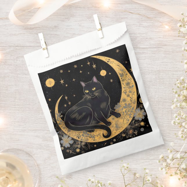 Black Cat Crescent Moon Flowers Happy Halloween Favor Bag (Clipped)