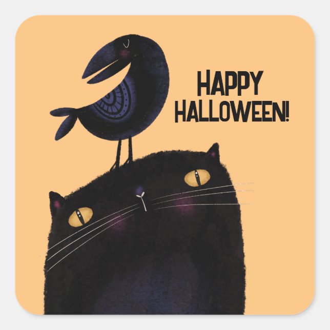 Black Cat & Crow Square Sticker (Front)