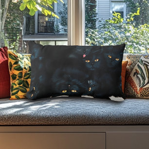 Black Cat Cuddle Pile Felines Cute Lumbar Pillow