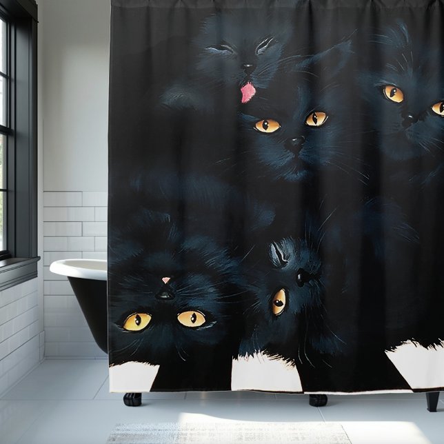 Black Cat Cuddle Pile Felines Cute Shower Curtain (Creator Uploaded)