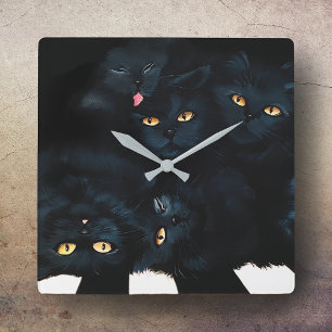 Black Cat Cuddle Pile Felines Cute Square Wall Clock