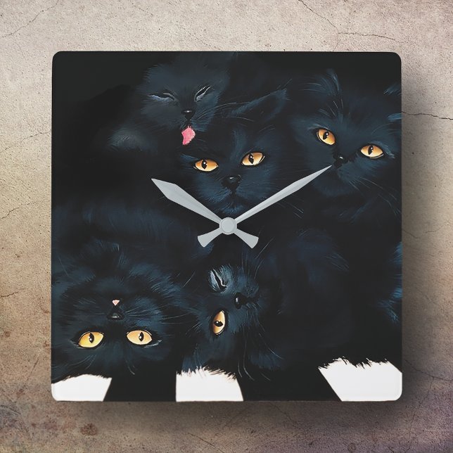 Black Cat Cuddle Pile Felines Cute Square Wall Clock (Creator Uploaded)