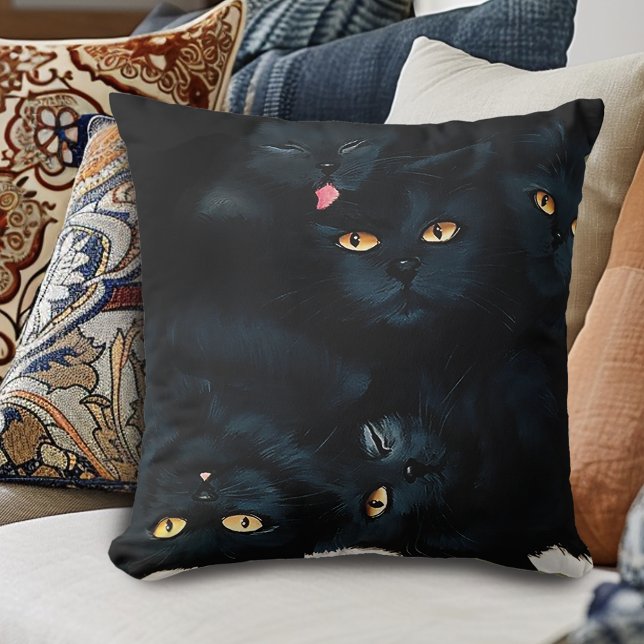 Black Cat Cuddle Pile Felines Cute Throw Pillow (Creator Uploaded)