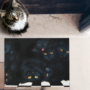 Black Cat Cuddle Pile Felines Doormat