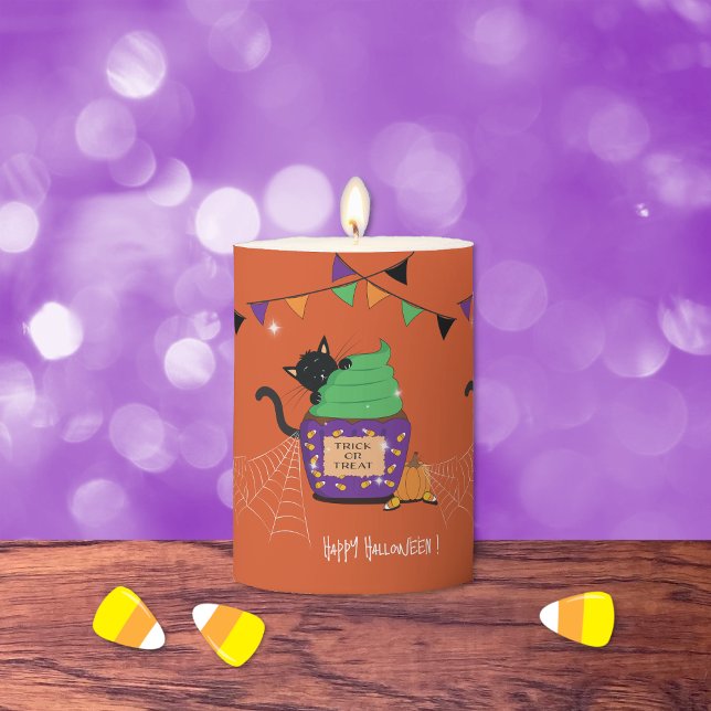 Black Cat | Cupcake Halloween Orange Pillar Candle (Halloween black cat orange pillar candle .)