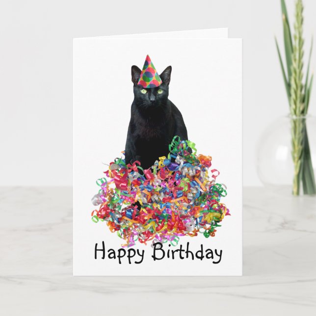 Black Cat Curly Ribbons Birthday Card (Front)