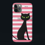 Black Cat & Custom Name Pink Stripes Modern iPhone 11 Pro Case<br><div class="desc">Cat lovers,  dress up your iphone 11 or samsung phone with this black cat phone case.  Add your name or delete it.  More iphone style cases available.  In orange and pink stripes.</div>