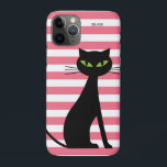 Black Cat & Custom Name Pink Stripes Modern iPhone 11 Pro Case<br><div class="desc">Cat lovers,  dress up your iphone 11 or samsung phone with this black cat phone case.  Add your name or delete it.  More iphone style cases available.  In orange and pink stripes.</div>