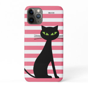 Black Cat & Custom Name Pink Stripes Modern iPhone 11 Pro Case