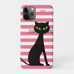Black Cat & Custom Name Pink Stripes Modern iPhone 11 Pro Case