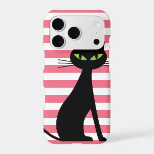 Black Cat & Custom Name Pink Stripes Modern iPhone 17 Pro Case
