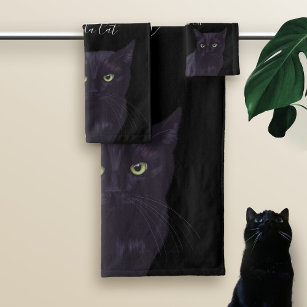 Black Cat Cute Green Eyes Personalized Black Bath Towel Set