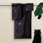 Black Cat Cute Green Eyes Personalized Black Bath Towel Set at Zazzle