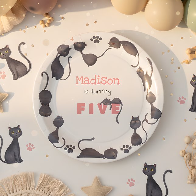 Black cat cute kids birthday paper plates (Creator Uploaded)