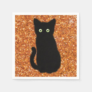 Black cat, cute kitten, sparkling orange glitter napkins