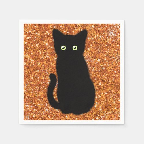 Black cat cute kitten sparkling orange glitter   napkins