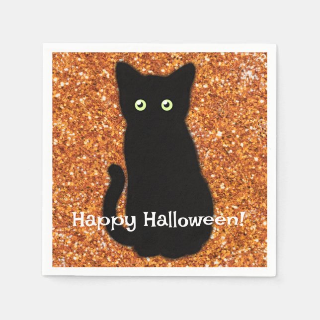 Black cat, cute kitten, sparkling orange glitter   napkins (Front)