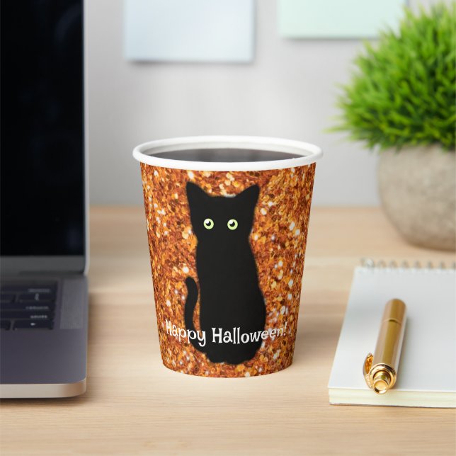 Black cat, cute kitten, sparkling orange glitter   paper cups (Insitu)