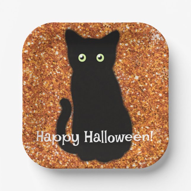 Black cat, cute kitten, sparkling orange glitter   paper plates (Front)