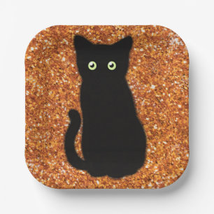 Black cat, cute kitten, sparkling orange glitter paper plates