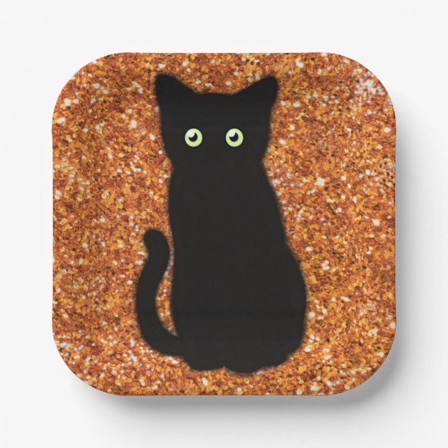 Black cat, cute kitten, sparkling orange glitter   paper plates (Front)