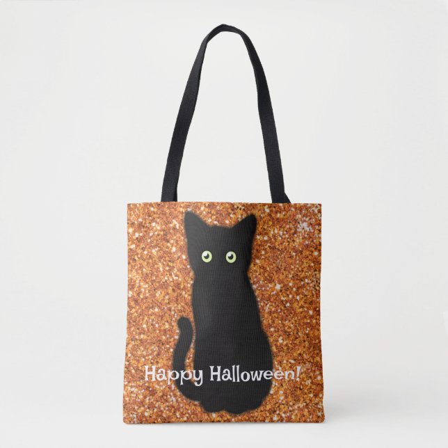 Black cat, cute kitten, sparkling orange glitter   tote bag (Front)