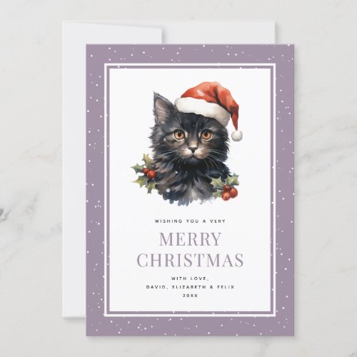 Black Cat Cute Purple Merry Christmas Card