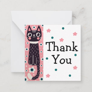 Black Cat, Daisy Flowers, Pink Thank You Note Card