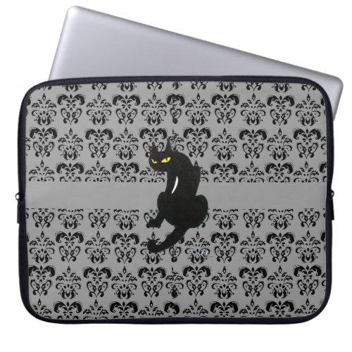 BLACK CAT DAMASK black grey Laptop Sleeve