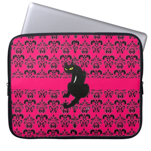BLACK CAT DAMASK black pink fuchsia Laptop Sleeve