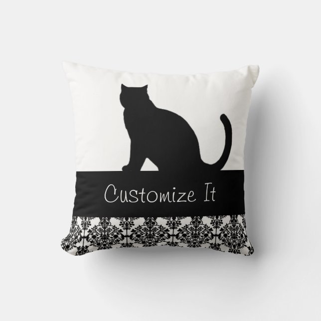 Black Cat Damask Trim Custom Throw Pillow (Front)