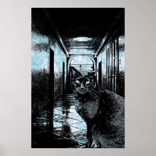 Black Cat Dark Corridor Original Art Poster