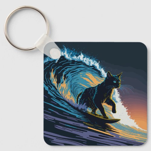 Black Cat Dawn Patrol Surfing Keychain