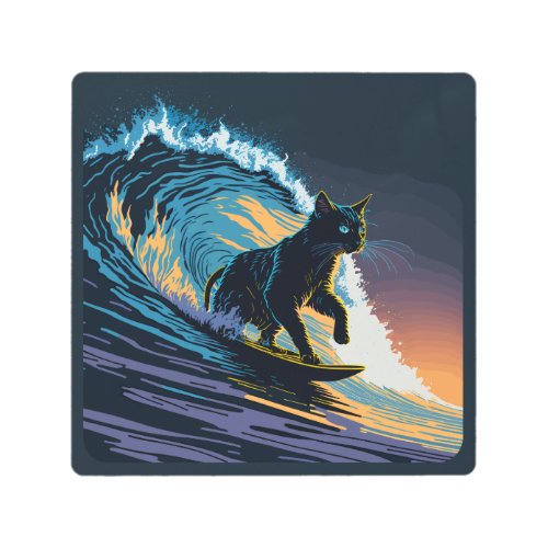 Black Cat Dawn Patrol Surfing Metal Print