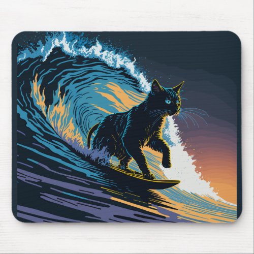 Black Cat Dawn Patrol Surfing Mouse Pad