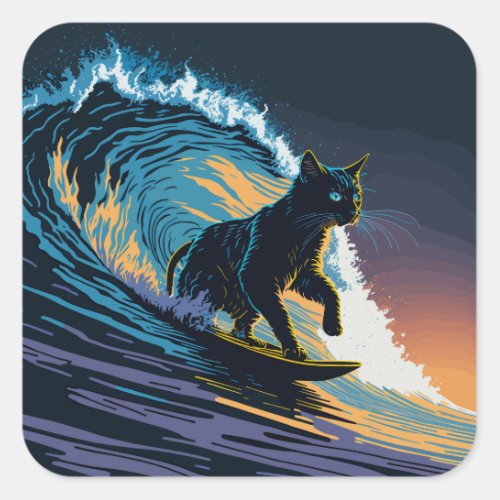 Black Cat Dawn Patrol Surfing Square Sticker