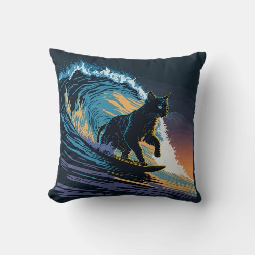 Black Cat Dawn Patrol Surfing Throw Pillow
