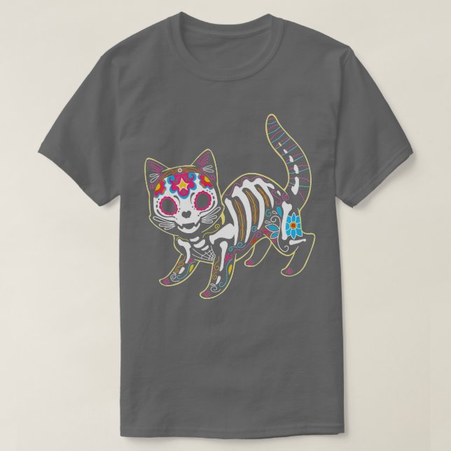 Black Cat Day of the Dead Sugar Skull T-Shirt (Design Front)