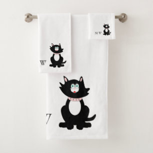 Black Cat Design Monogrammed Bath Towel Set