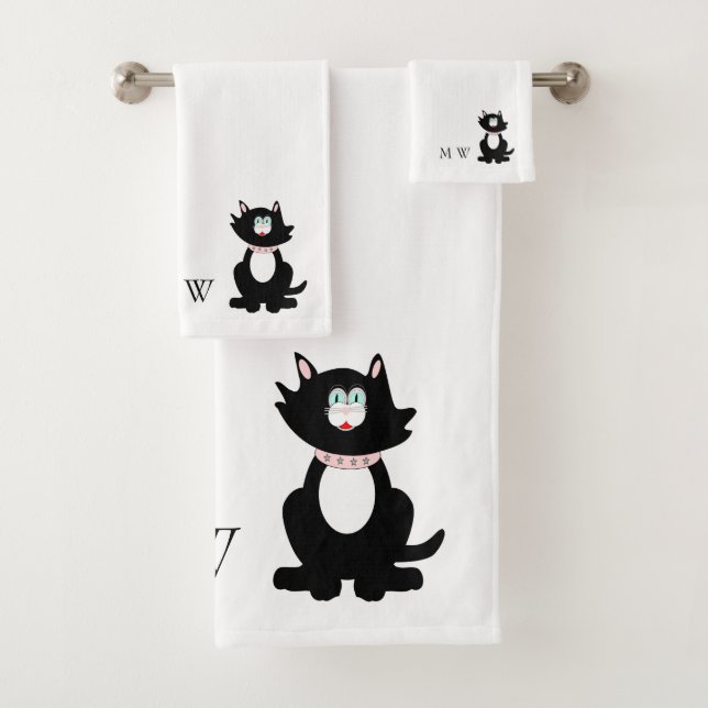 Black Cat Design Monogrammed Bath Towel Set (Insitu)