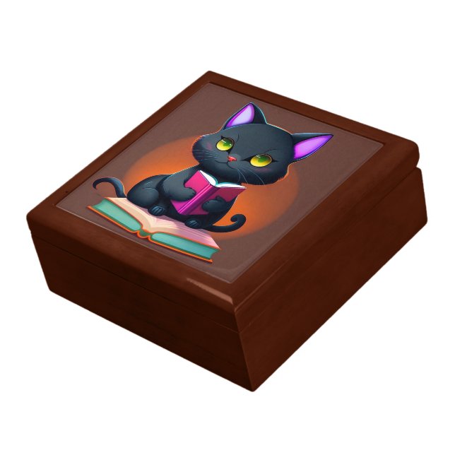 Black Cat Design Wooden Jewelry Keepsake Box (Side)