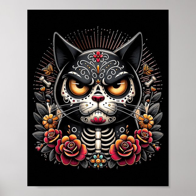 Black Cat Dia De Los Muertos Grumpy Black Cat Poster (Front)